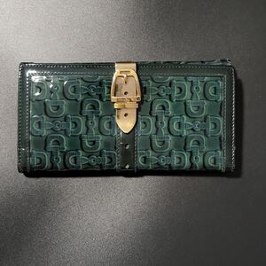 Gucci Vintage Authentic Bifold Long Wallet Buckle Monogram GREEN